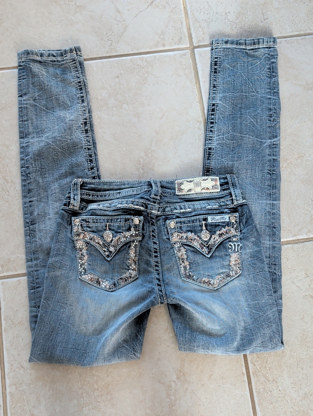 Miss Me Girls Size 12 Embellished Light Blue Skinny Jeans